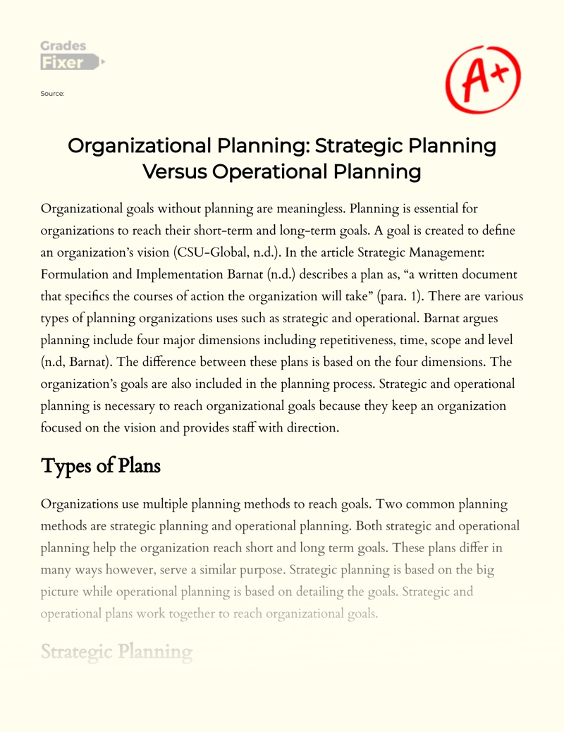 Organizational Planning: Strategic Planning Versus Operational Planning Essay