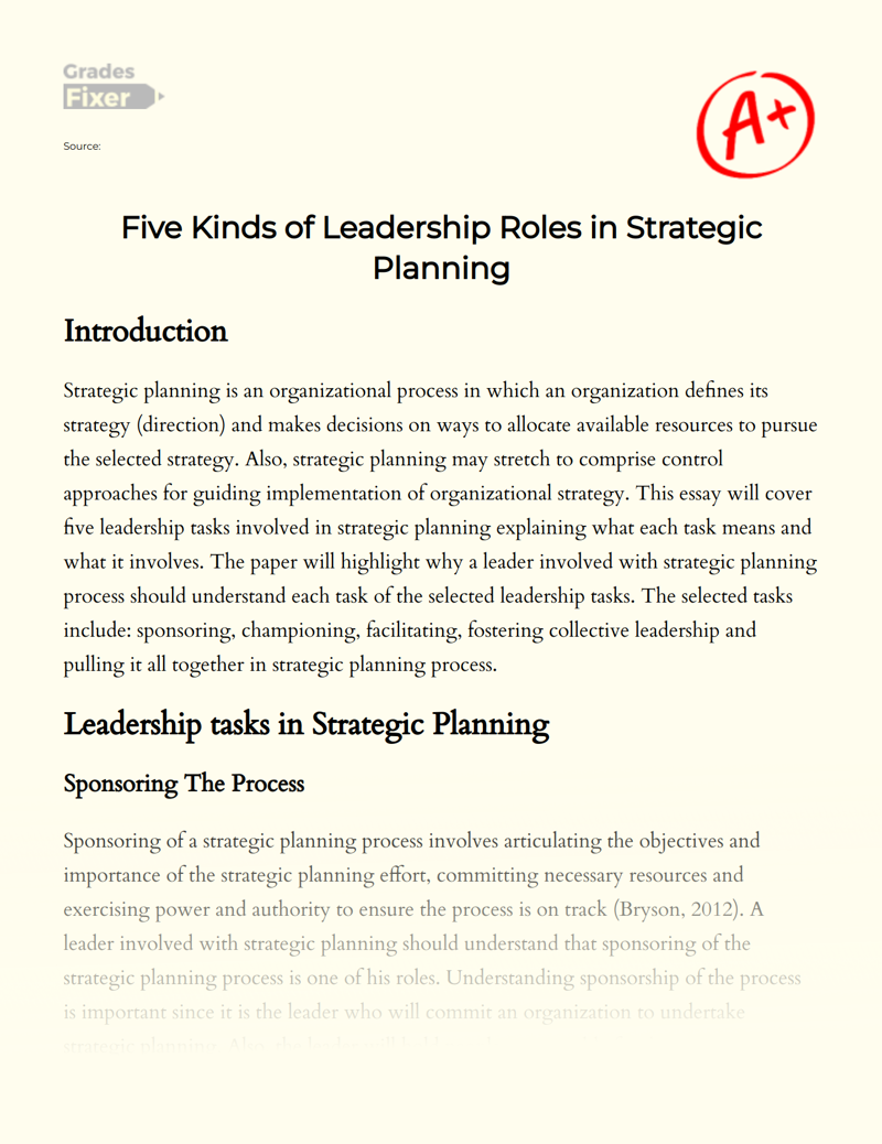 Analysis of Leadership Tasks Involved in Strategic Planning Essay