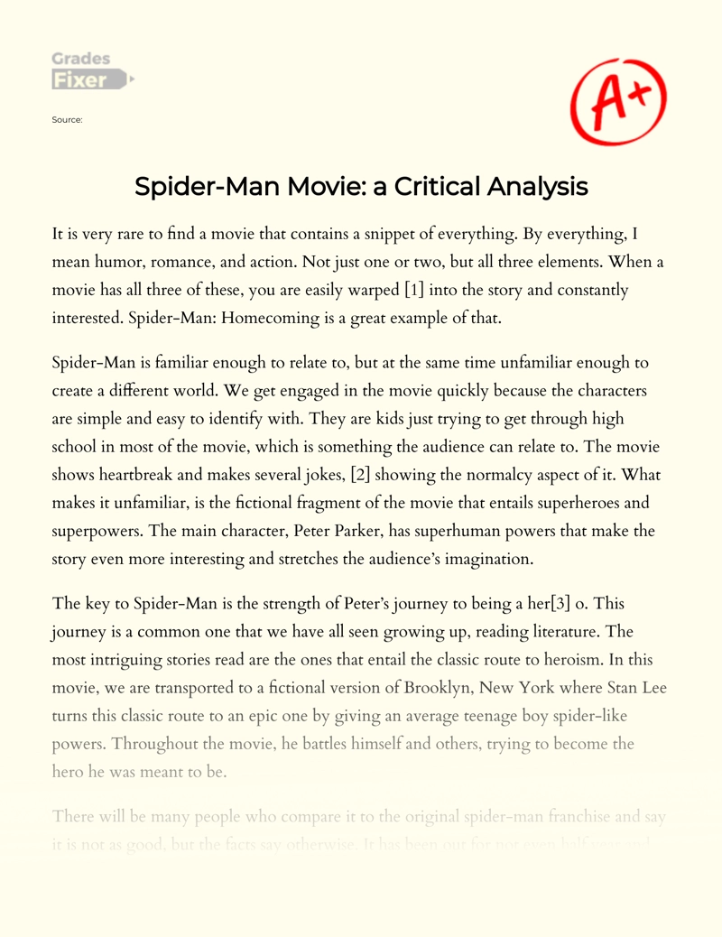 Spider Man Movie A Critical Analysis Essay Example 352 Words Gradesfixer