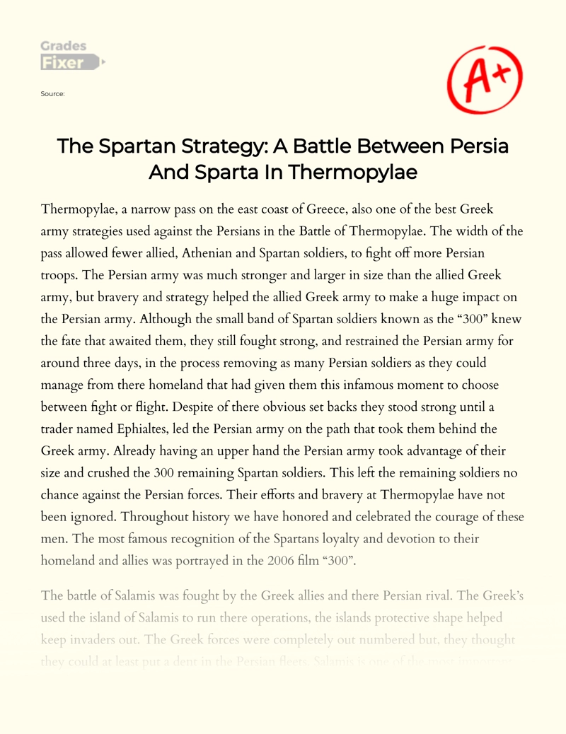 The Spartan Strategy: a Battle Between Persia and Sparta in Thermopylae Essay