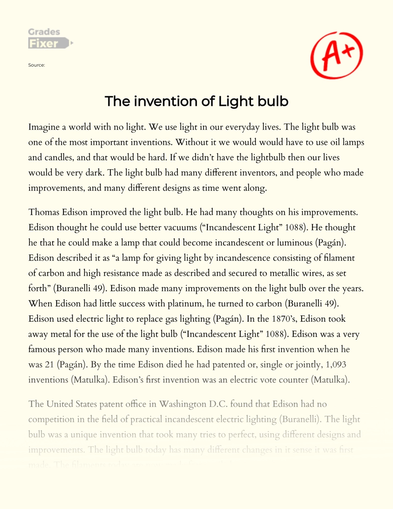 The Invention of Light Bulb essay