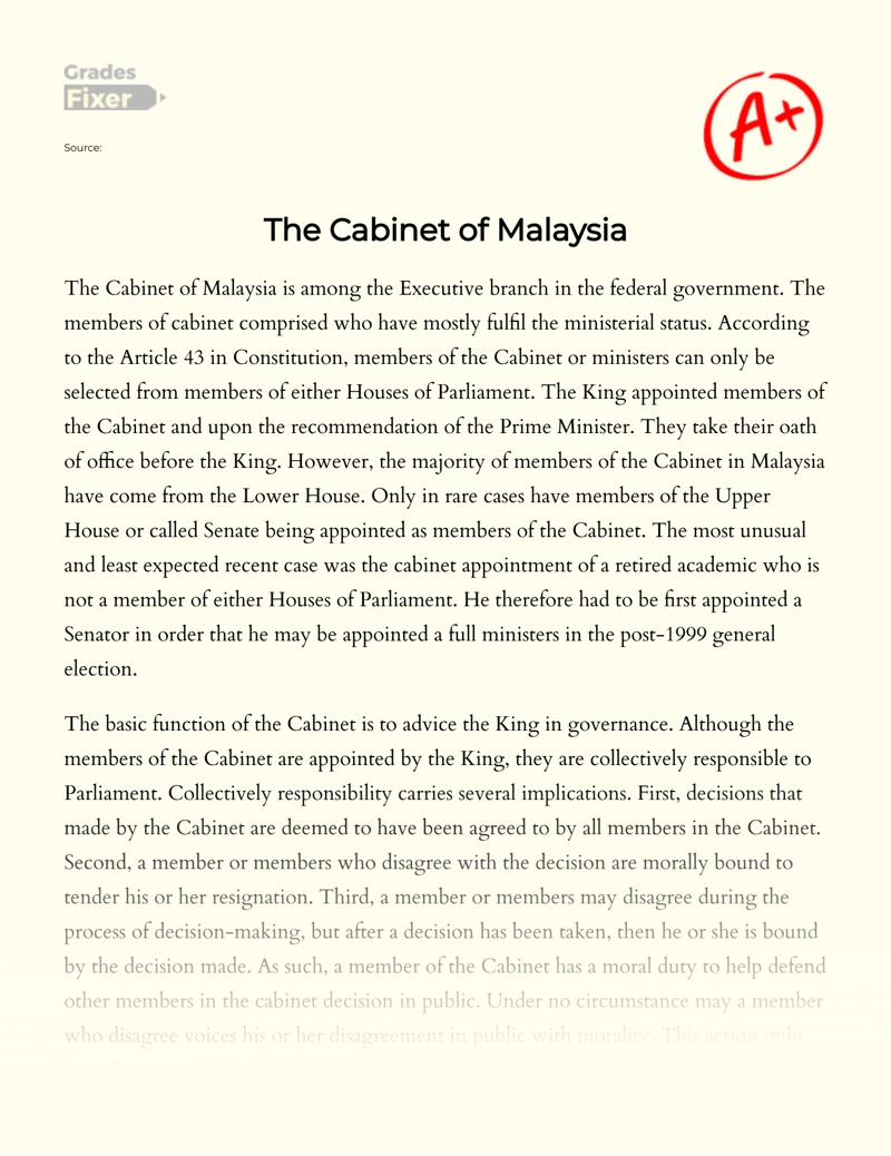 The Cabinet of Malaysia Essay
