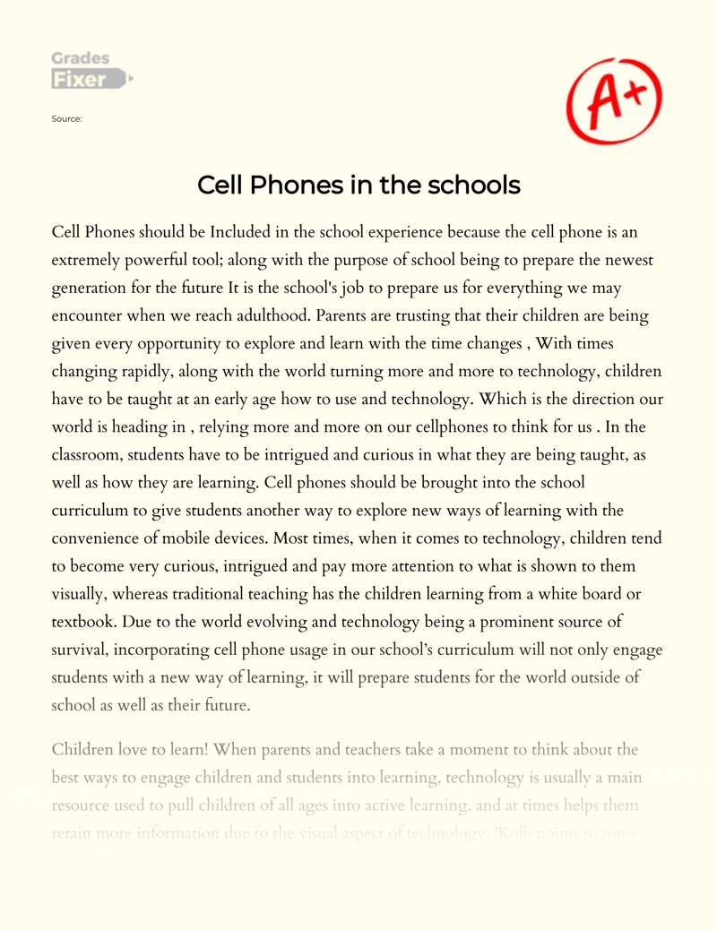Cell Phones in The Schools Essay