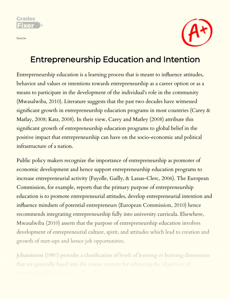 Entrepreneurship Education and Intention essay