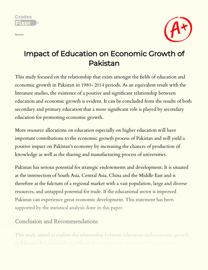 Impact of Education on Economic Growth of Pakistan essay