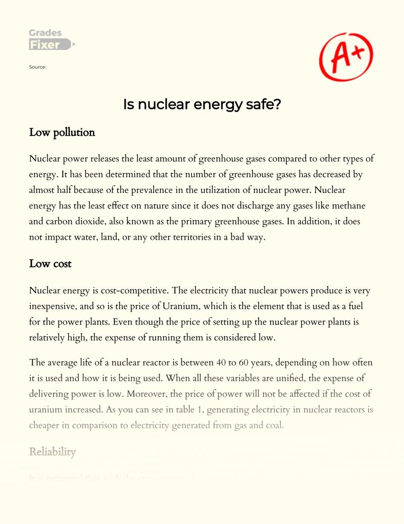 An Issue of Safety of Nuclear Energy essay