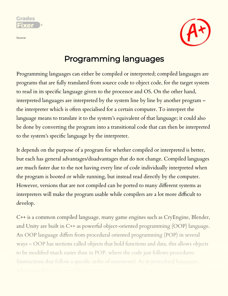 The Types of Programming Languages and The Language of a Game Engine Essay