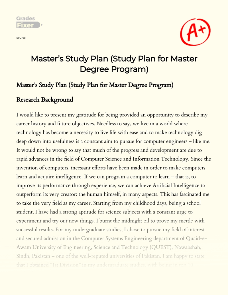 Master’s Study Plan (study Plan for Master Degree Program): [Essay