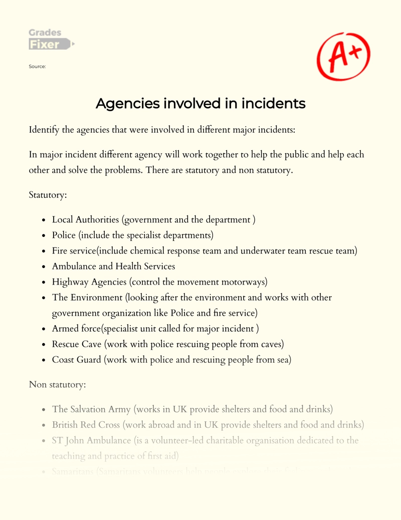Agencies Involved in Incidents Essay