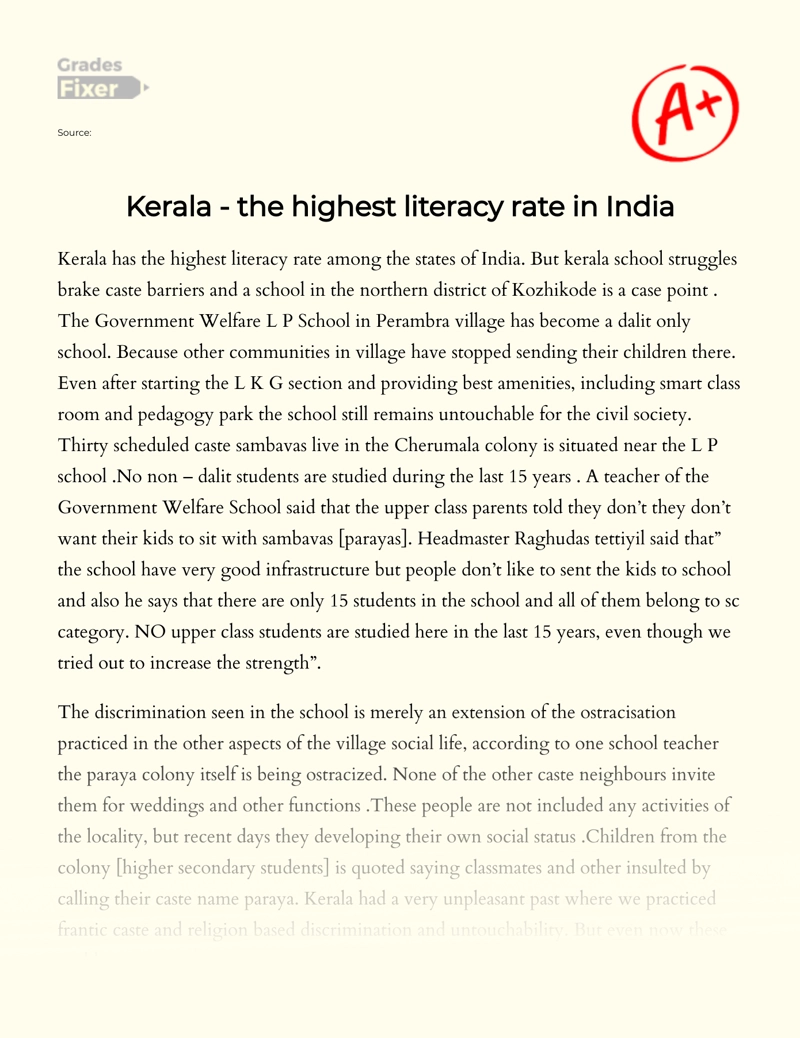 Kerala - The Highest Literacy Rate in India Essay