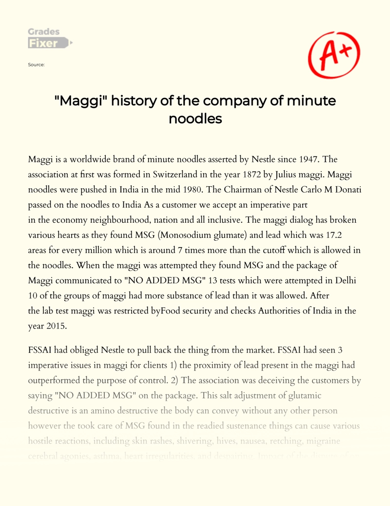"Maggi" History of The Company of Minute Noodles Essay