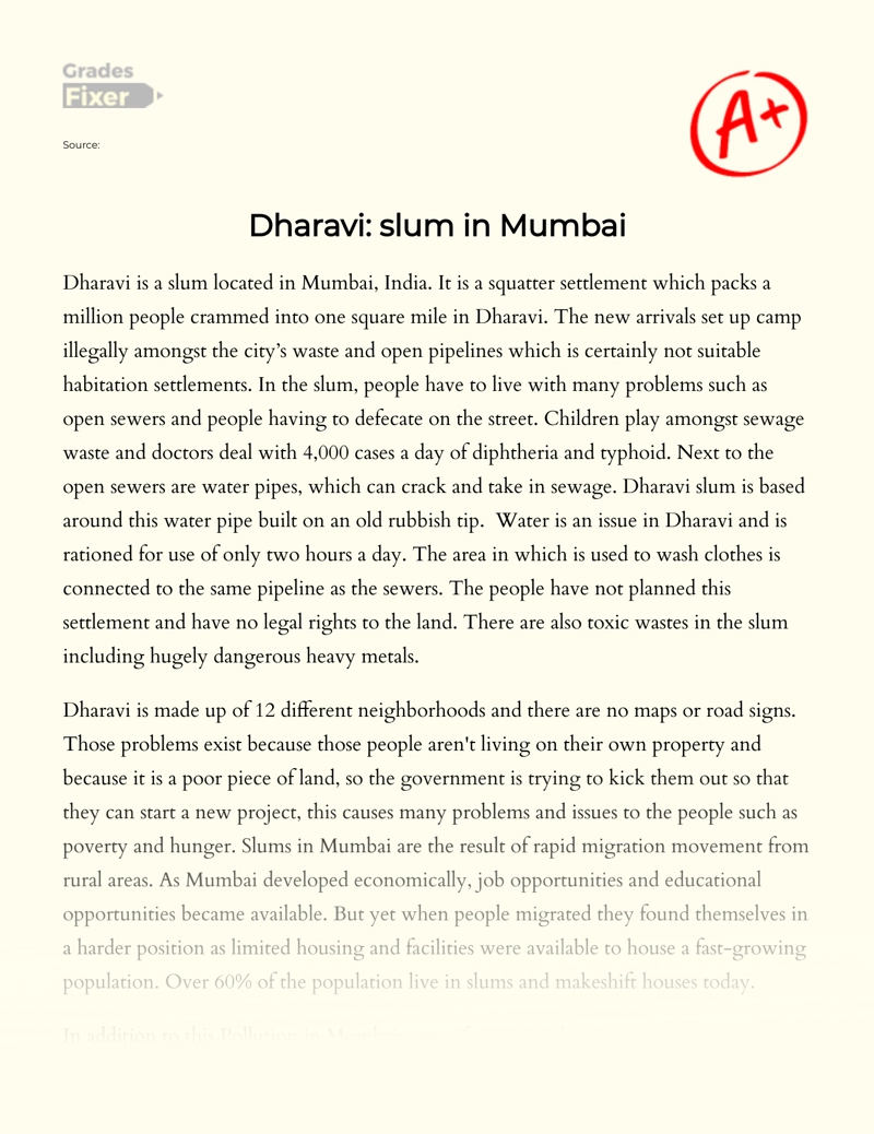 Dharavi: Slum in Mumbai essay