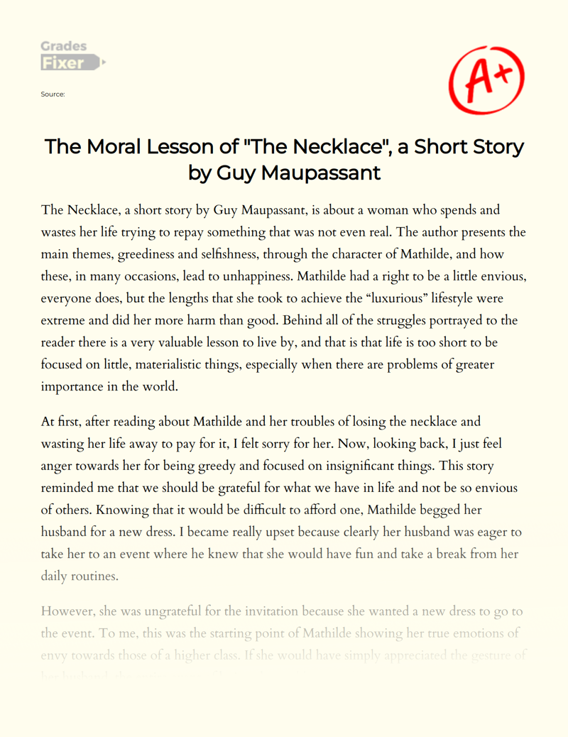 The Moral Lesson of "The Necklace", a Short Story by Guy Maupassant Essay