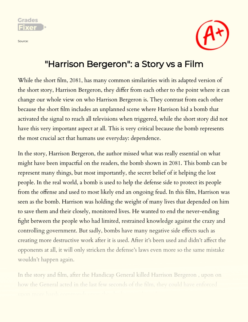 "Harrison Bergeron": a Story Vs a Film Essay