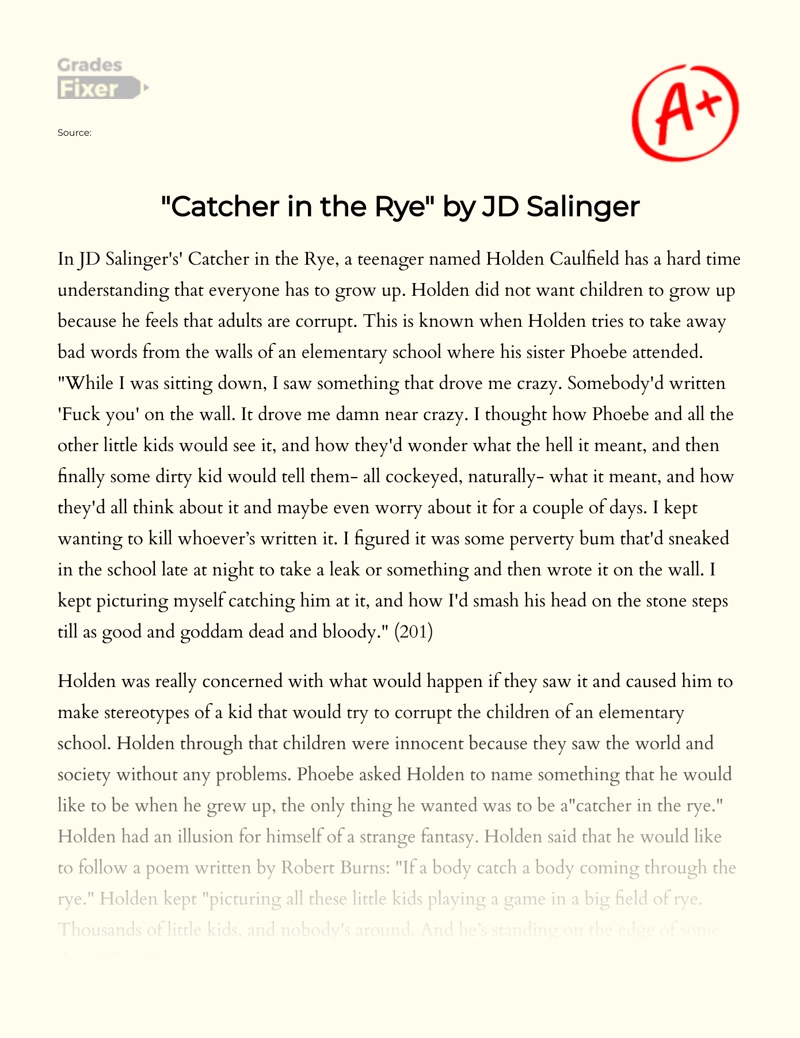 Review of Holden Caulfield Character in "The Catcher in The Rye" by J.d. Salinger Essay
