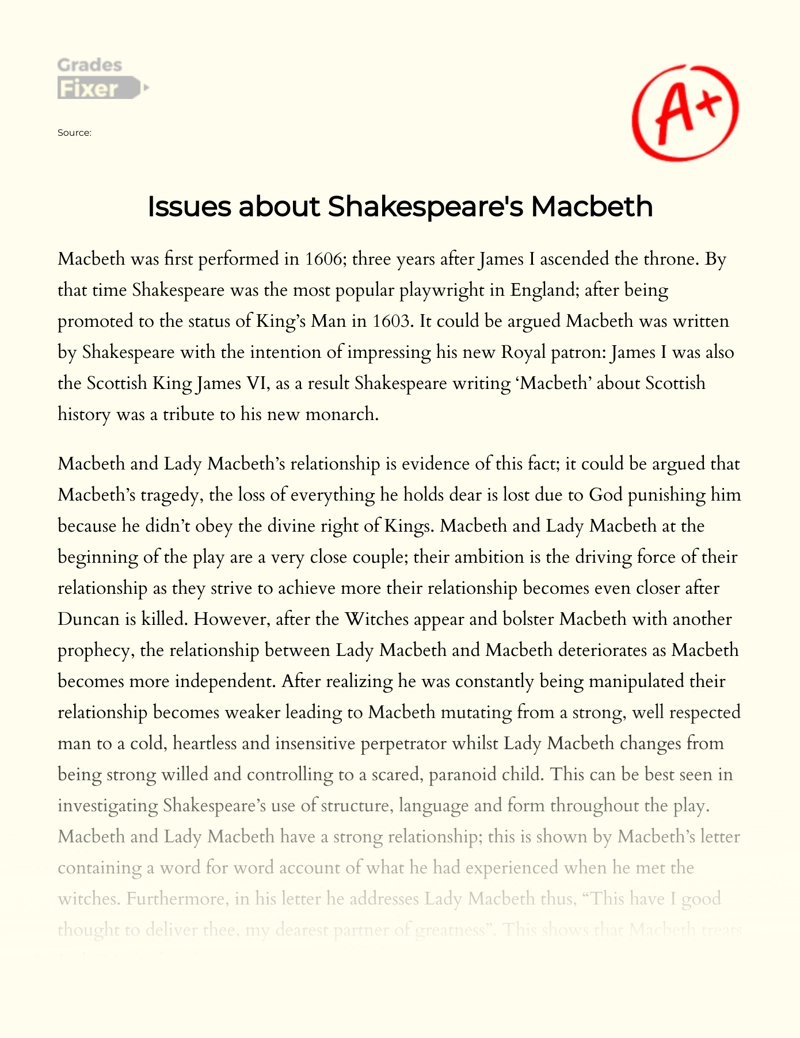 Issues About Shakespeare's Macbeth Essay