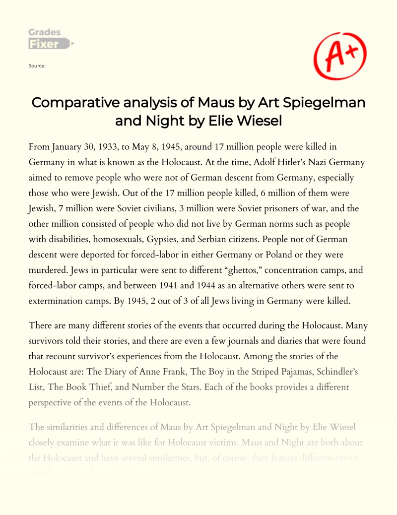 Comparative Analysis of Maus by Art Spiegelman and Night by Elie Wiesel Essay
