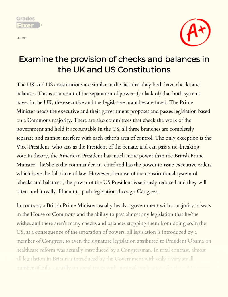 Examine The Provision of Checks and Balances in The UK and Us Constitutions Essay