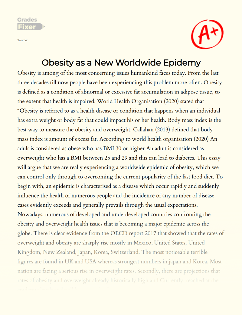 A Worldwide Epidemic of Obesity and Ways to Handle It Essay