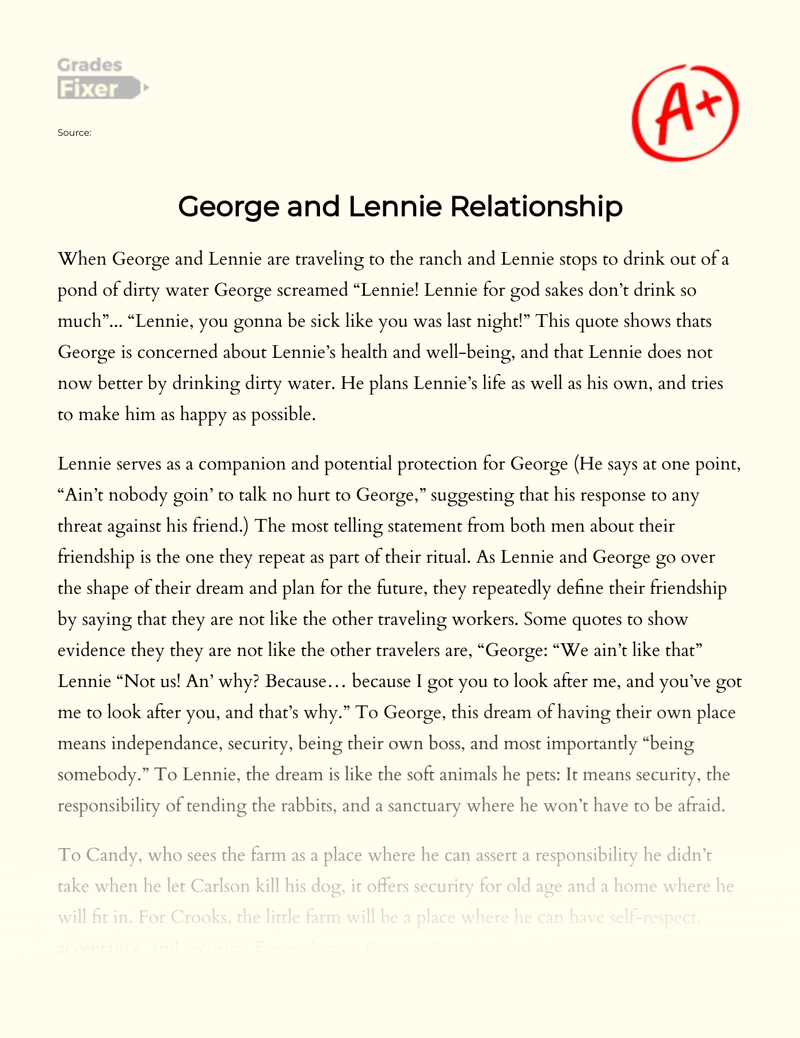 Of Mice and Men: George and Lennie Relationship Essay