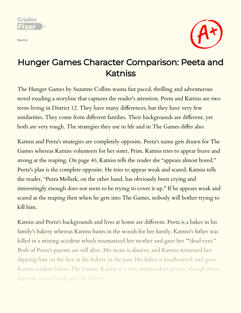 Hunger Games Character Comparison: Peeta and Katniss Essay