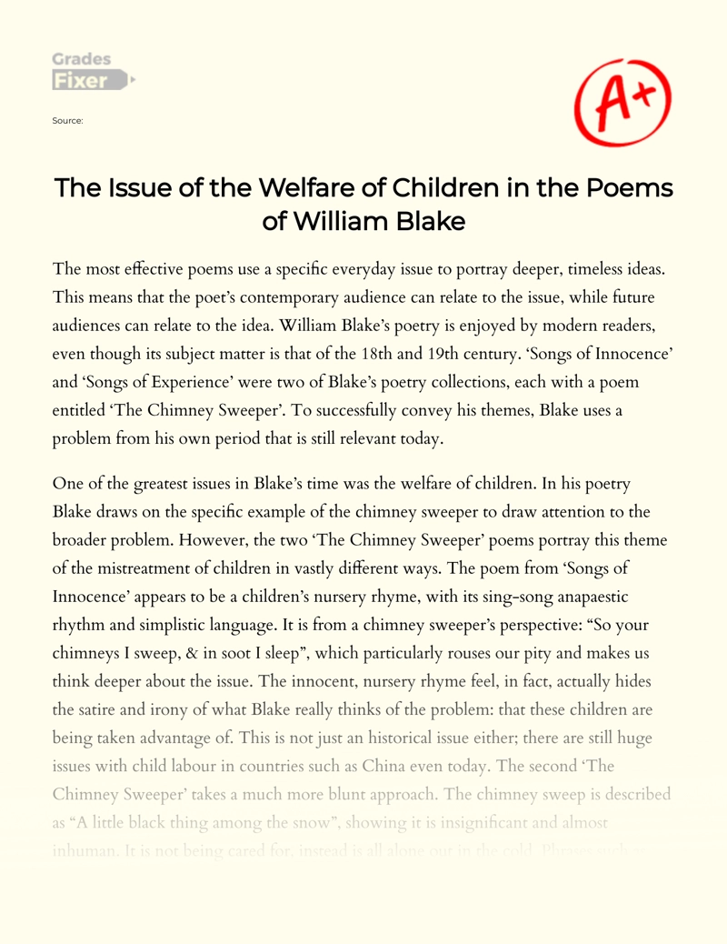 The Issue of The Welfare of Children in The Poems of William Blake Essay