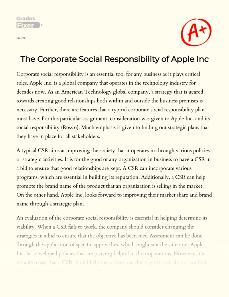 The Corporate Social Responsibility of Apple Inc Essay