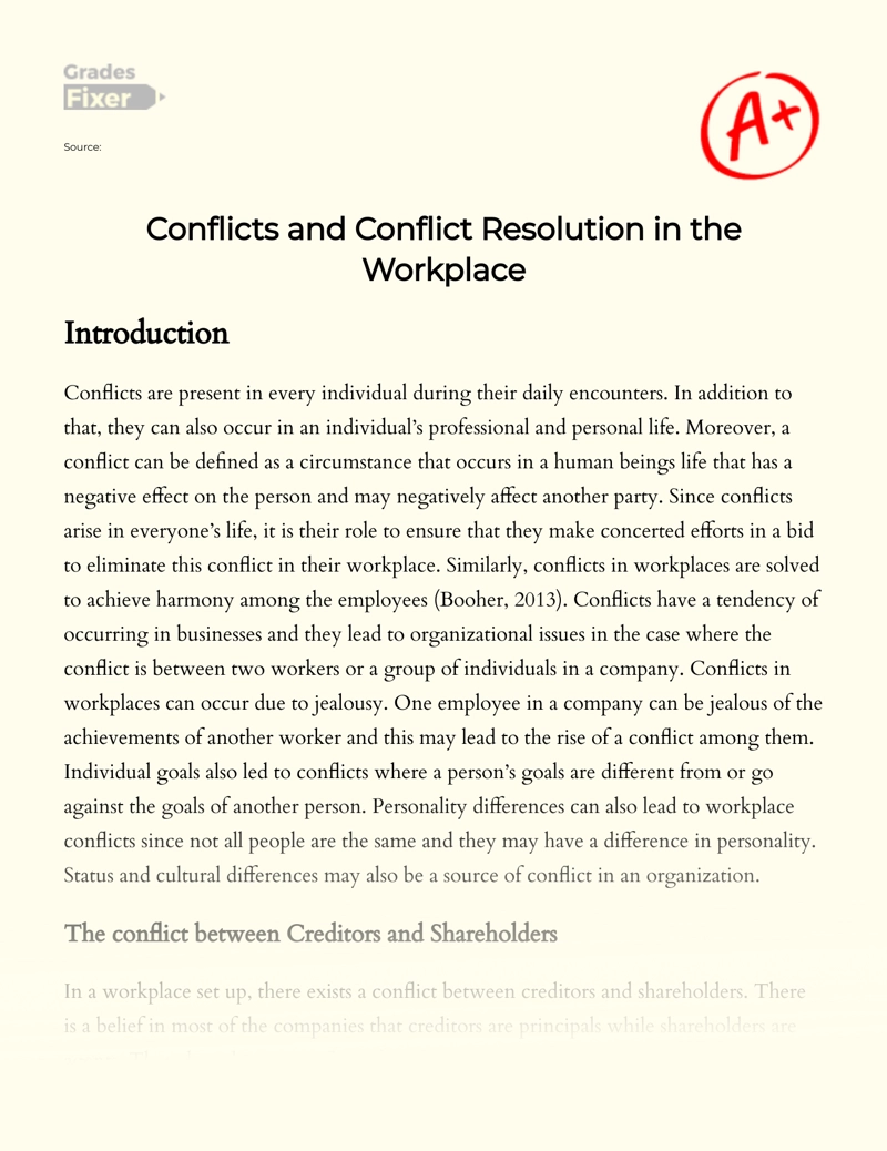 Conflicts and Conflict Resolution in The Workplace essay