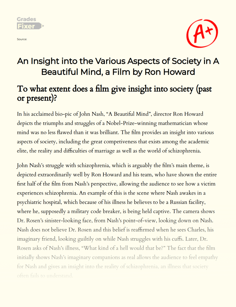 An Insight into The Various Aspects of Society in a Beautiful Mind, a Film by Ron Howard Essay