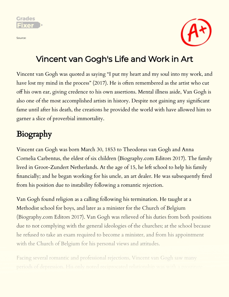 Vincent Van Gogh's Life and Work in Art essay
