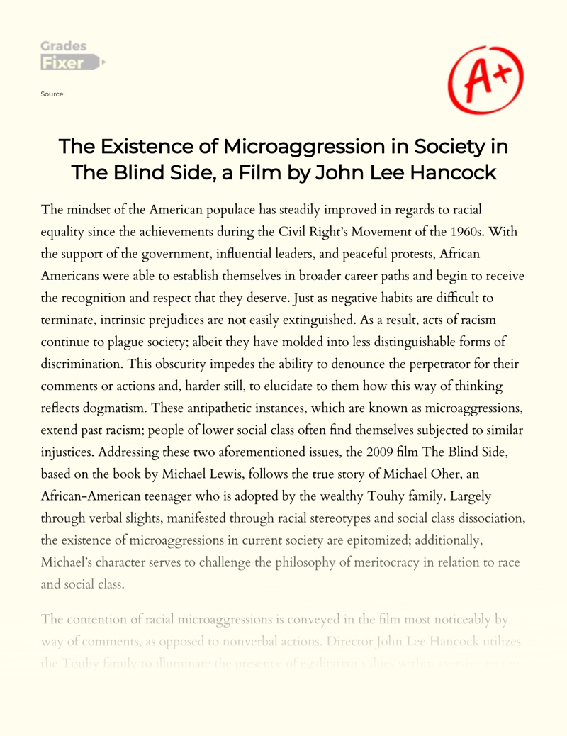 The Existence of Microaggression in Society in The Blind Side, a Film by John Lee Hancock essay