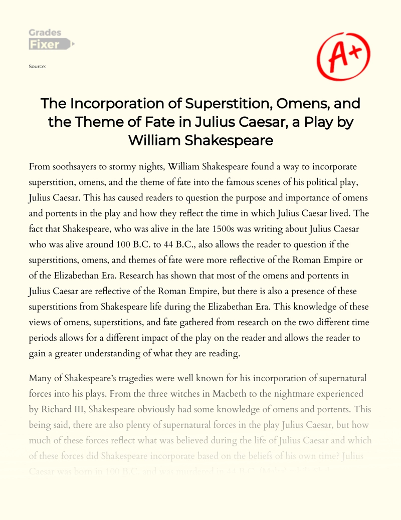 Superstition, Omens, and Fate in Shakespeare's "Julius Caesar" Essay
