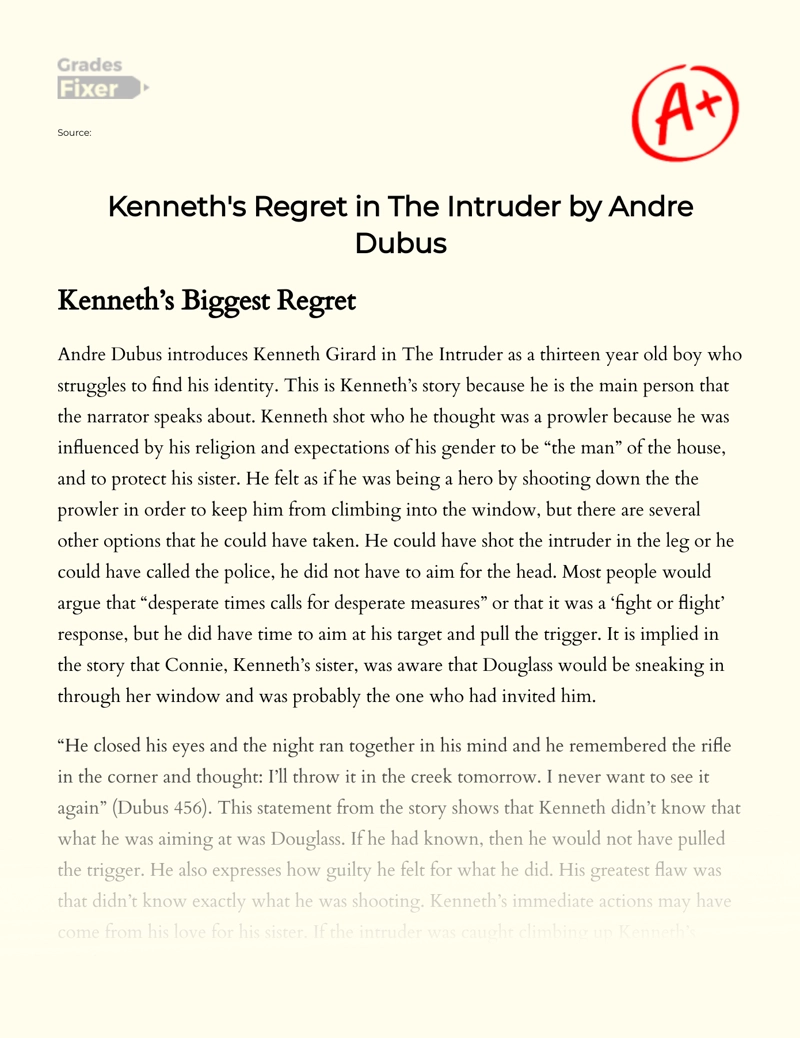 Kenneth's Regret in The Intruder by Andre Dubus Essay