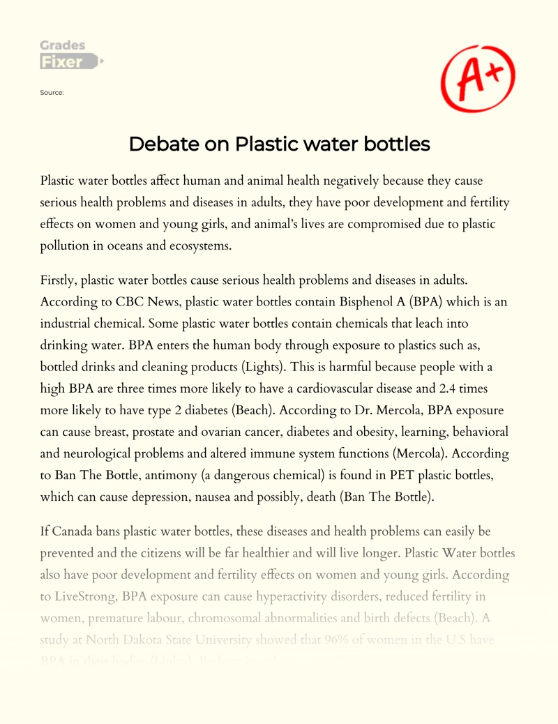 Debate on Plastic Water Bottles essay