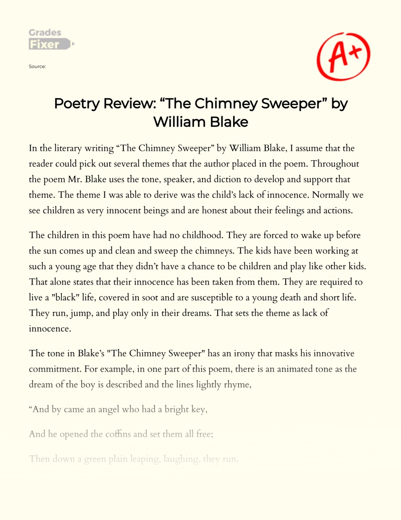 Poetry Review: "The Chimney Sweeper" by William Blake Essay