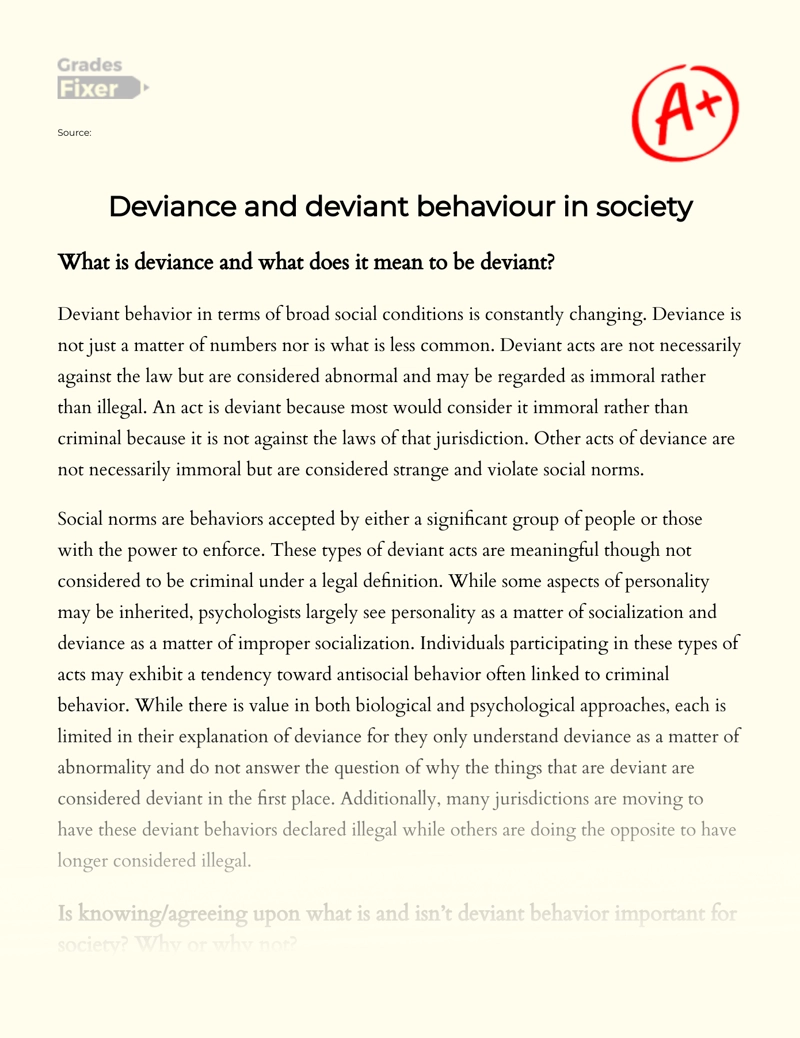 Deviance and Deviant Behaviour in Society essay