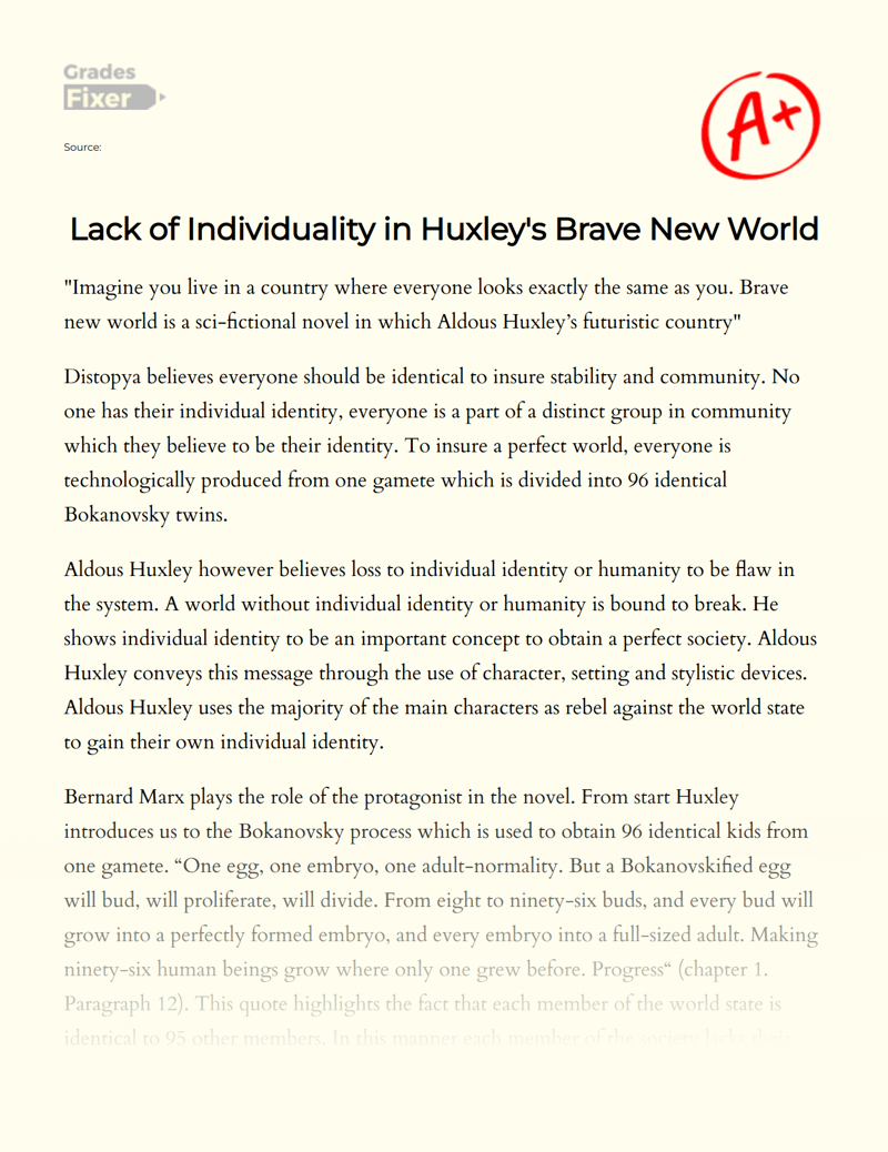 Lack of Individuality in Huxley's Brave New World Essay