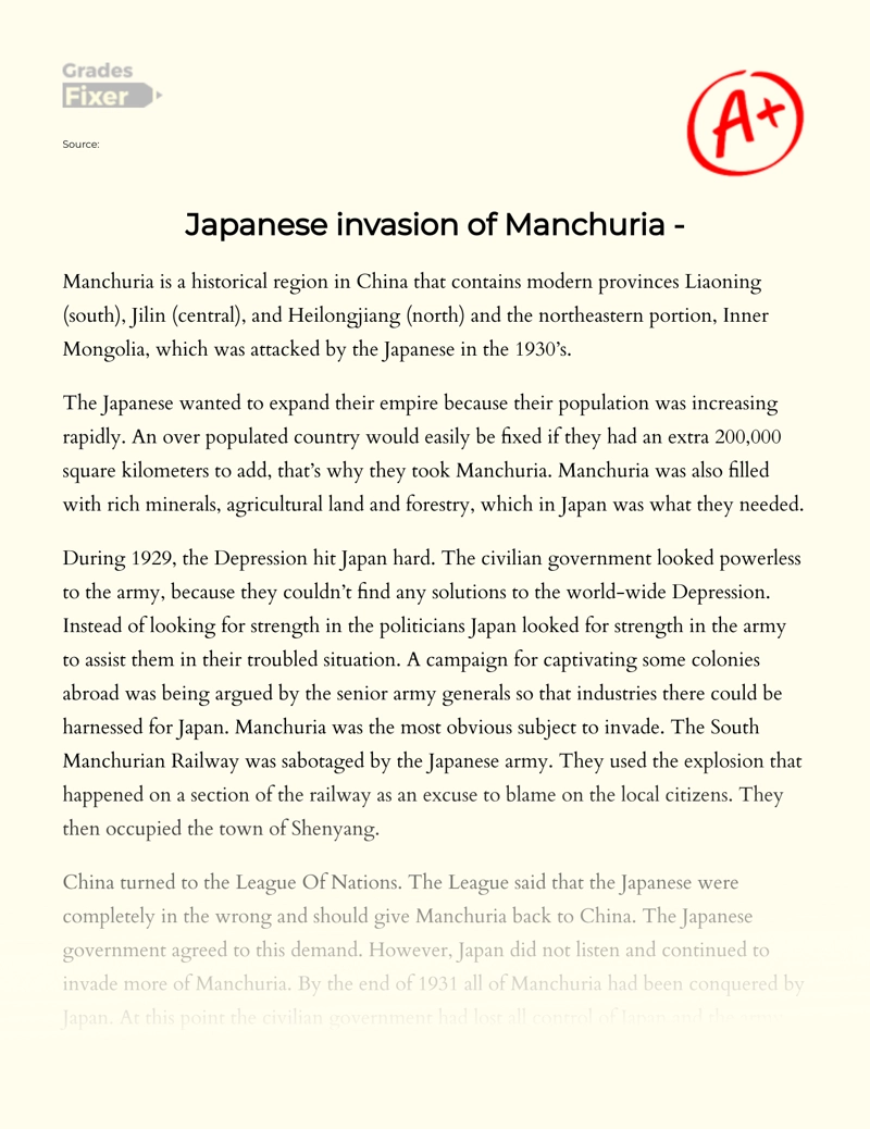 Japanese Invasion of Manchuria - essay