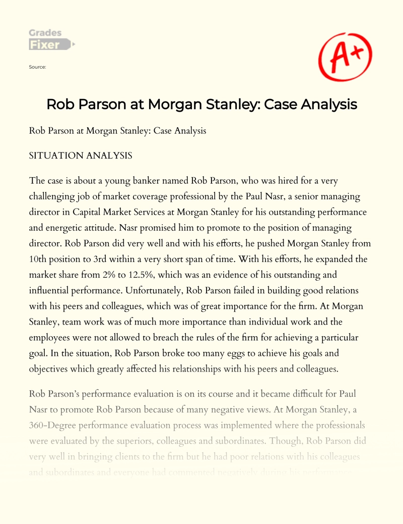 Rob Parson at Morgan Stanley: Case Analysis Essay