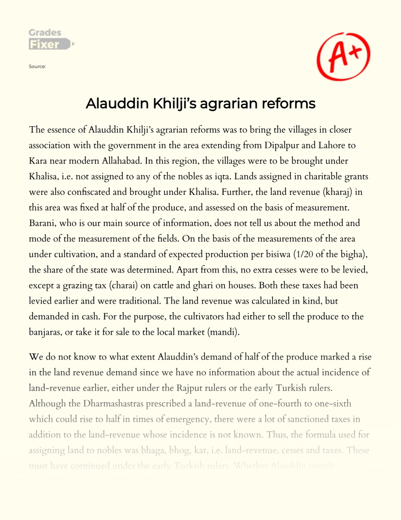 Alauddin Khilji Agrarian Reforms essay