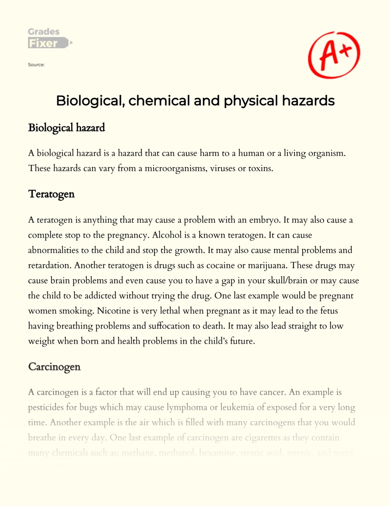 Biological, Chemical and Physical Hazards  Essay