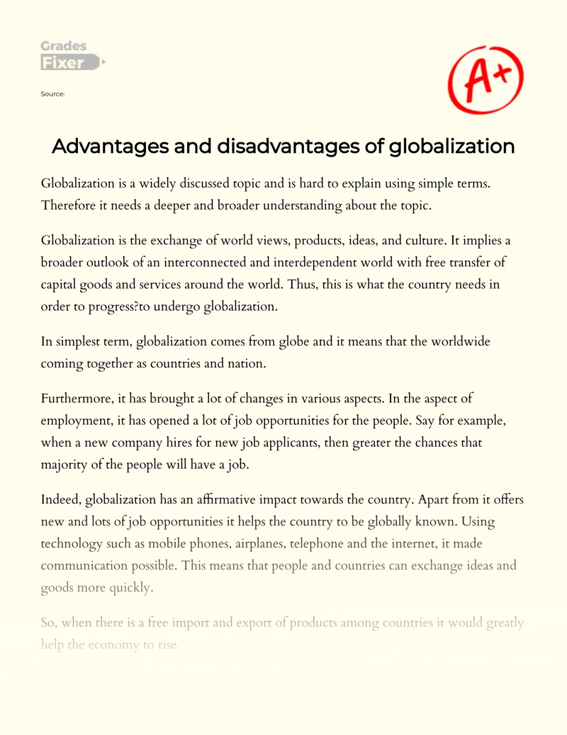 Overview of Advantages and Disadvantages of Globalization essay