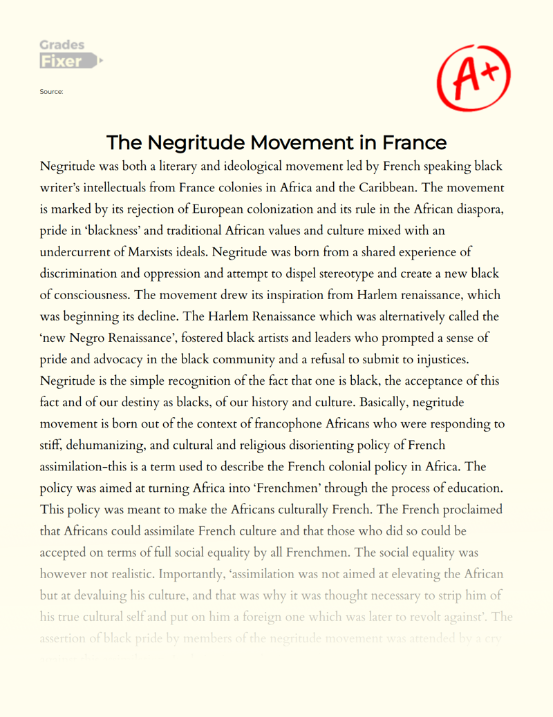 The Negritude Movement in France Essay