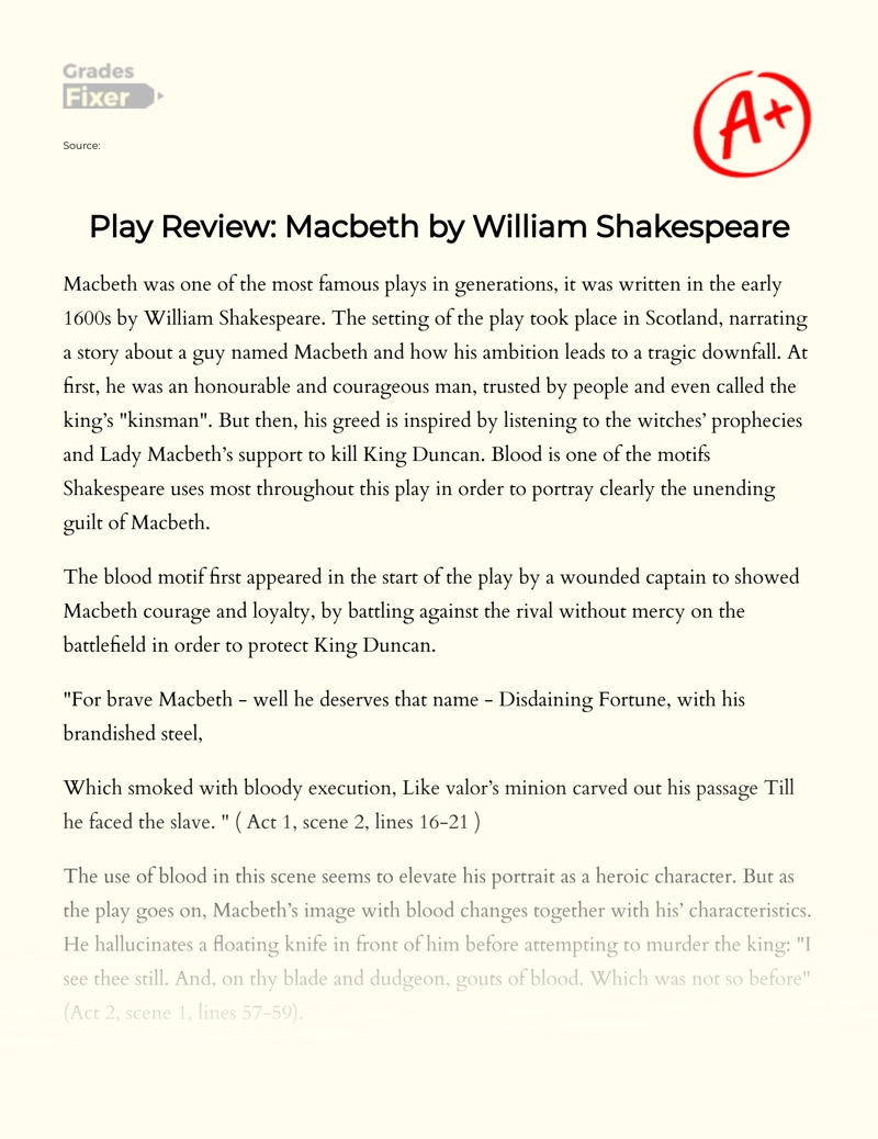 Play Review Macbeth By William Shakespeare Essay Example 743 Words Gradesfixer