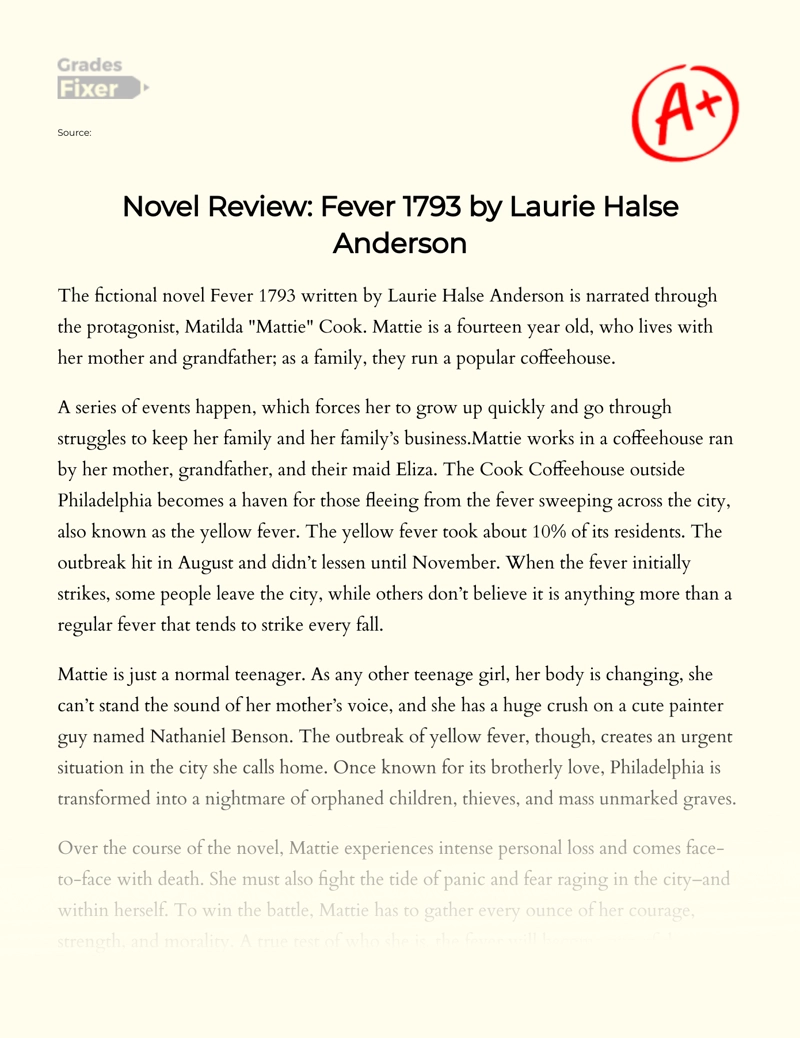 Novel Review: Fever 1793 by Laurie Halse Anderson Essay