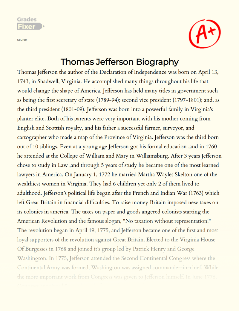 The Life and Significant Accomplishments of Thomas Jefferson  Essay