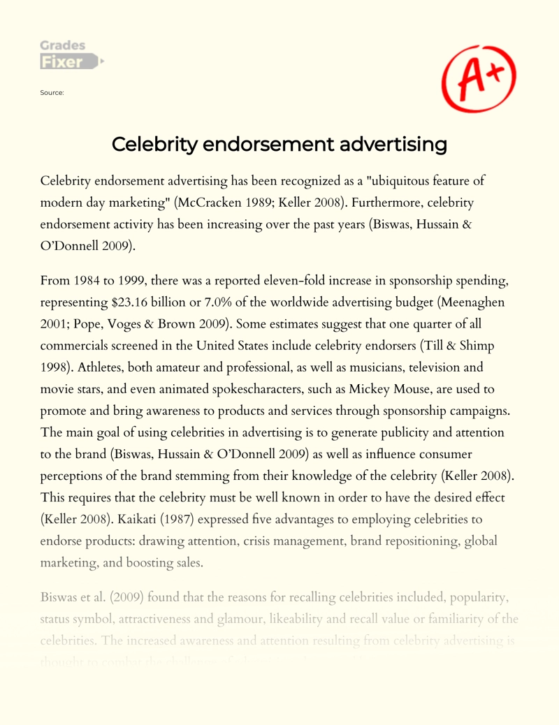 Effect of Celebrity Endorsement in Advertising Activities  Essay