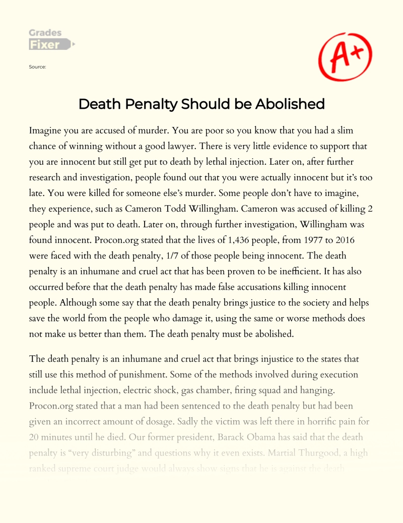 Death Penalty Should Be Abolished: Essay on The Reasons essay