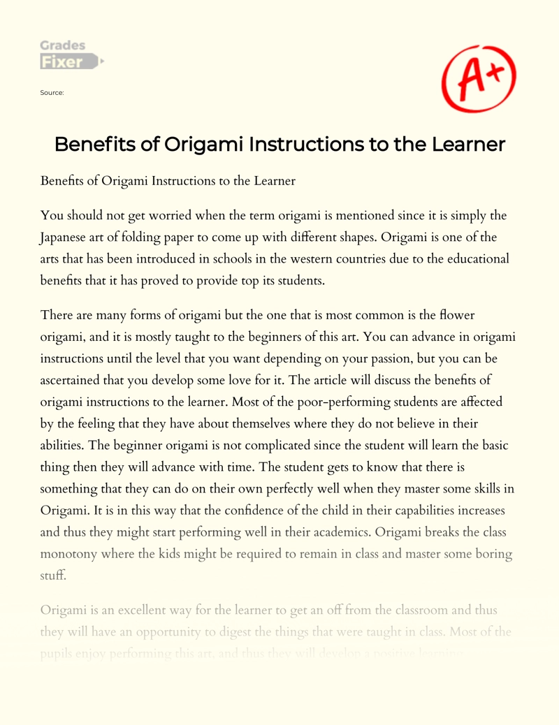 Benefits of Origami Instructions to The Learner  Essay