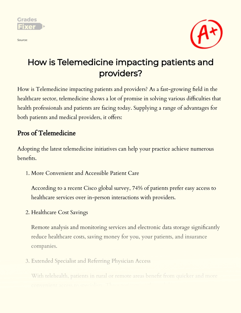 The Impact of Telemedicine on Patients and Providers essay